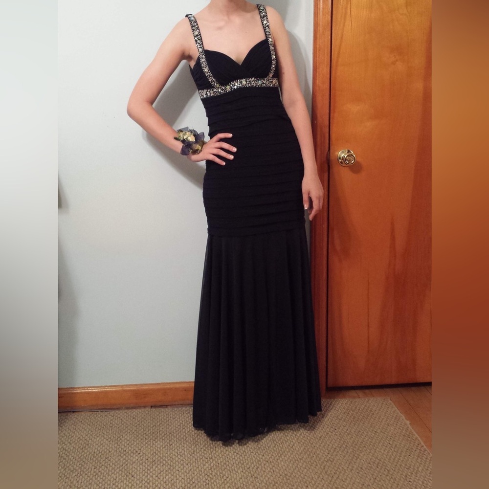 Navy Blue Beaded Evening Gown
